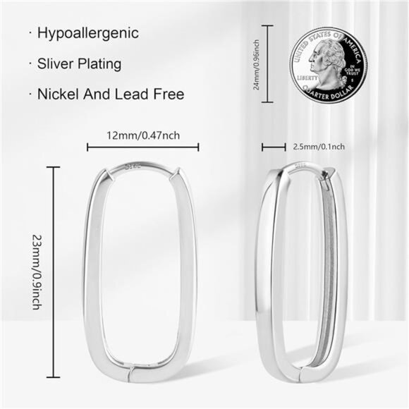 925 Sterling Silver Rectangle Hoop Earrings for Women Silver Geometric - Picture 3 of 7